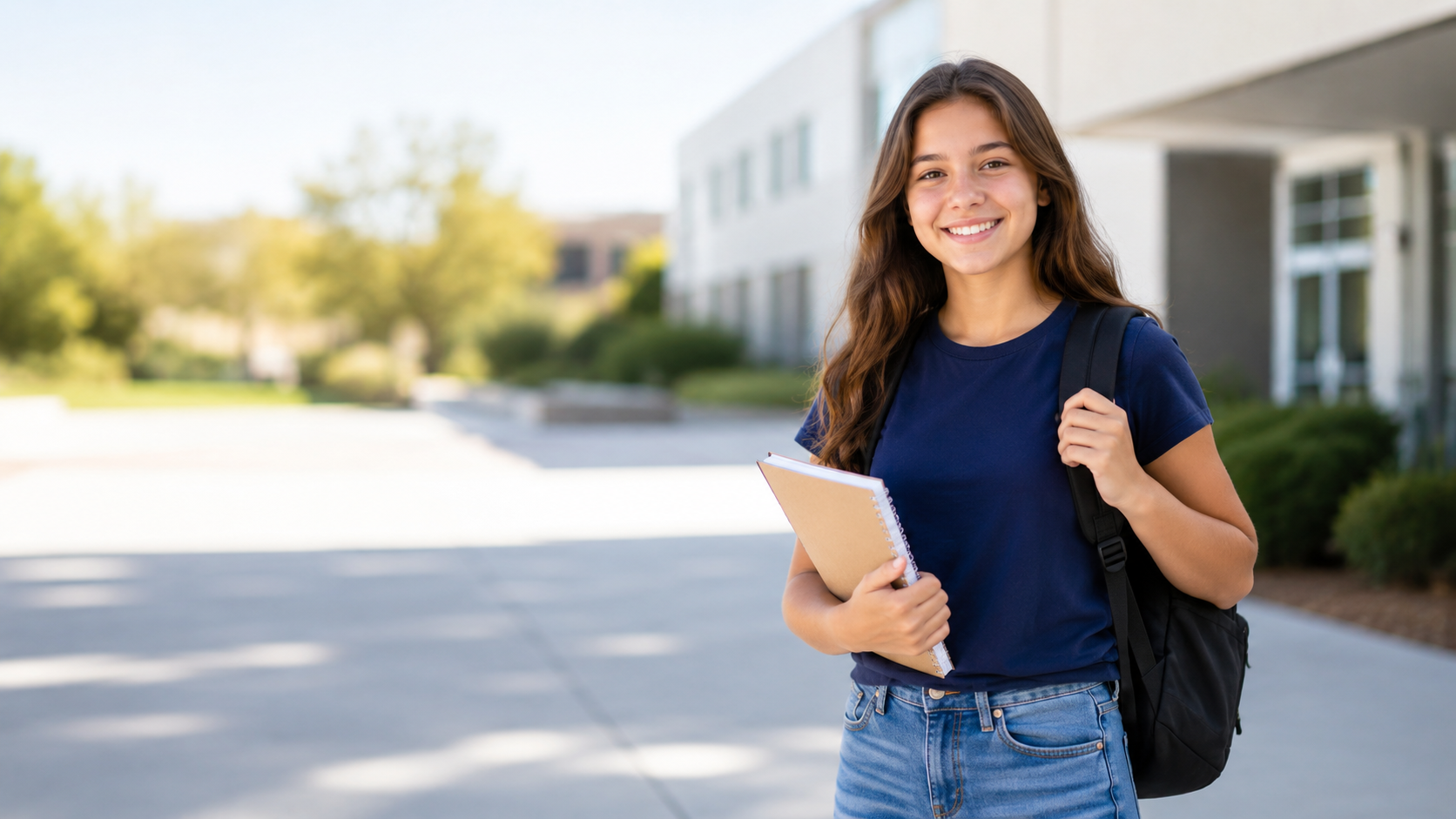 Student smiling with a backpack and notebook